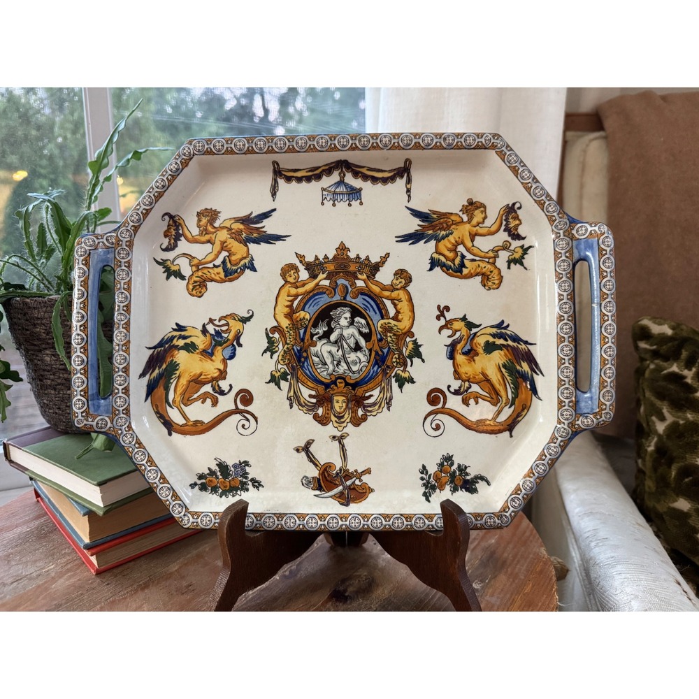 Antique Gien French Faience Renaissance Tray 1870s Handled Platter - As Is